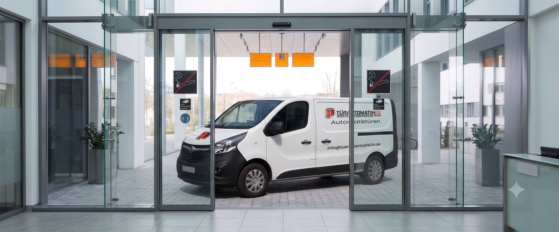 Servicefahrzeug von Türautomatik24 vor einer automatischen Glasschiebetür