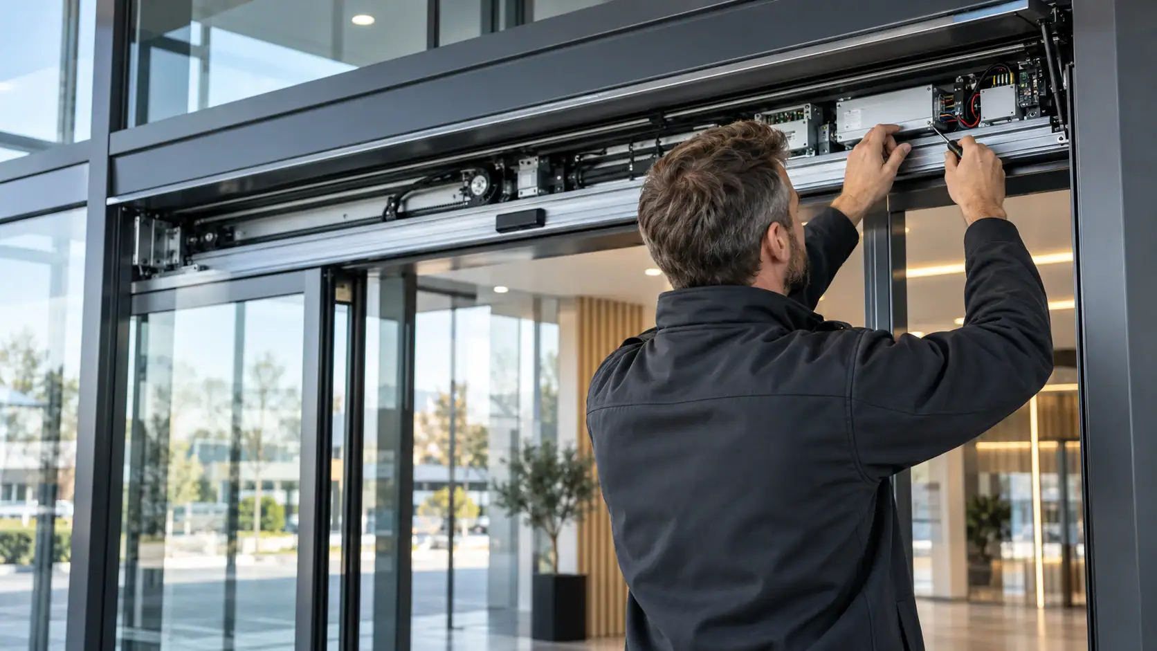 Servicetechniker bei der Arbeit an einer automatischen Türanlage